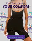 Black shapewear with text detailing features on a light gray background