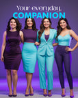 Four women in stylish outfits with a purple and blue color scheme, posing against a purple background.