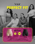 Advertisement for women's shapewear shorts with models and size information.