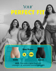 Advertisement for women's shapewear high waist shorts with four models and size information.