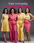 Four women in colorful outfits with text 'Your everyday Companion' on a gray background