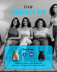 Advertisement for 'Your Perfect Fit' Shapewear product with four women and size information displayed.