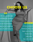 Woman in a gray dress leaning against a gray curtain with text comparing 'US' and 'OTHERS' products.