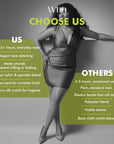 Woman wearing a gray dress with text comparing our product to 'Others' on a gray background.