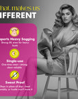 Woman sitting on a chair with a pink product card detailing features, against a gray background.
