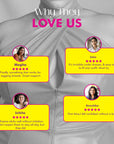 Advertisement showing a person wearing a bra with customer testimonials on a gray background.