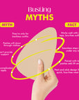 Product illustration with hand holding a silicone pastie against a pink background, detailing myths and facts about the product.