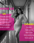 Woman in a grey dress standing in a hallway with promotional text about adhesive properties.