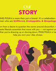 Story of PINQ POLKA with silhouettes of women and brand description on a yellow background