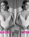 Before and after comparison of a woman wearing a white dress with a deep neckline.