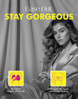 A woman in a gray suit and text 'Ease Out Stay Gorgeous'.