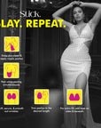 Woman in a white dress with promotional text and images on a dark background