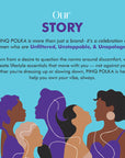 Story graphic for PINQ POLKA with silhouettes of women and brand description text on a blue background