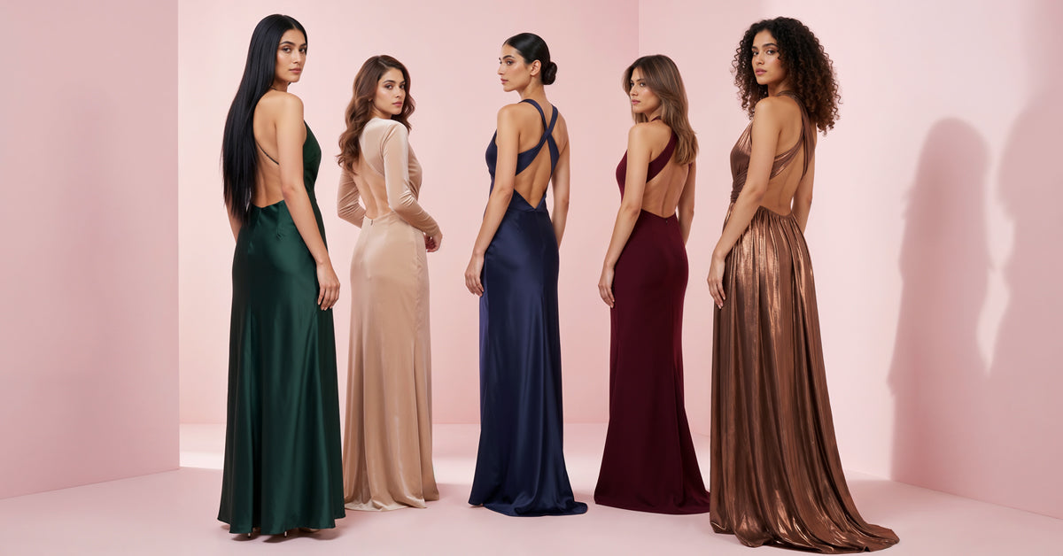Five women wearing elegant backless evening gowns, showcasing invisible bra solutions for seamless support under low-back and formal dresses.