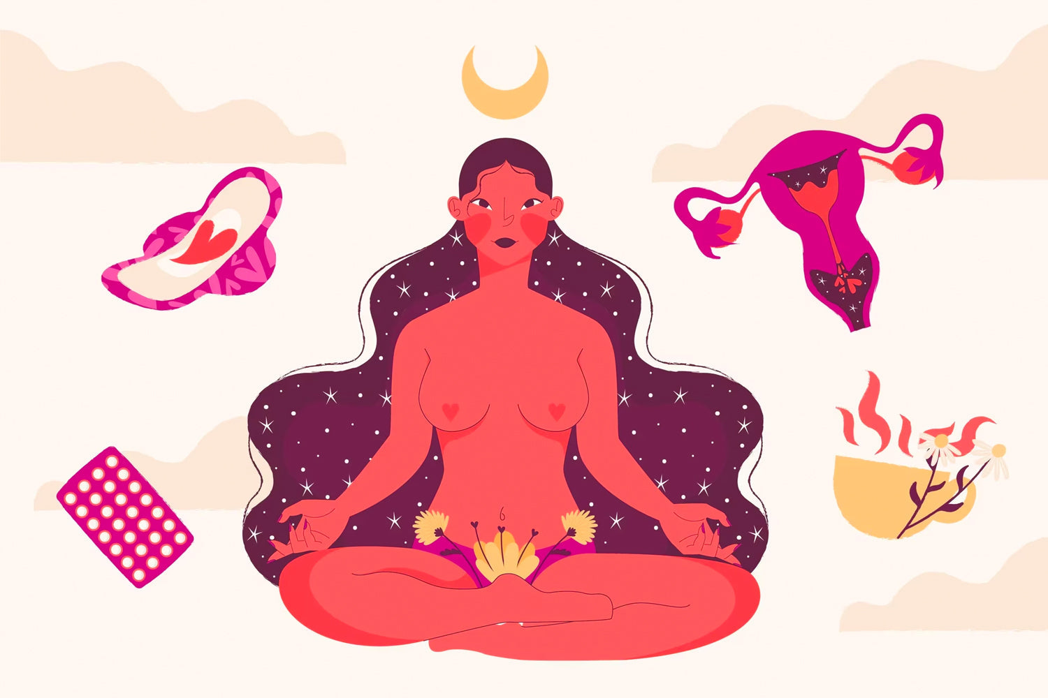 A red colored woman sitting in yoga pose showing ovaries, pads and pills