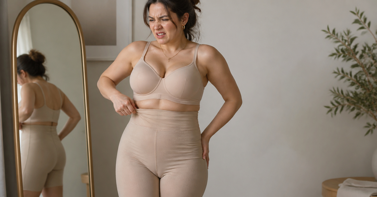 Woman adjusting rolling high-waist shapewear, illustrating a common fit issue where shapewear rolls down at the waist.