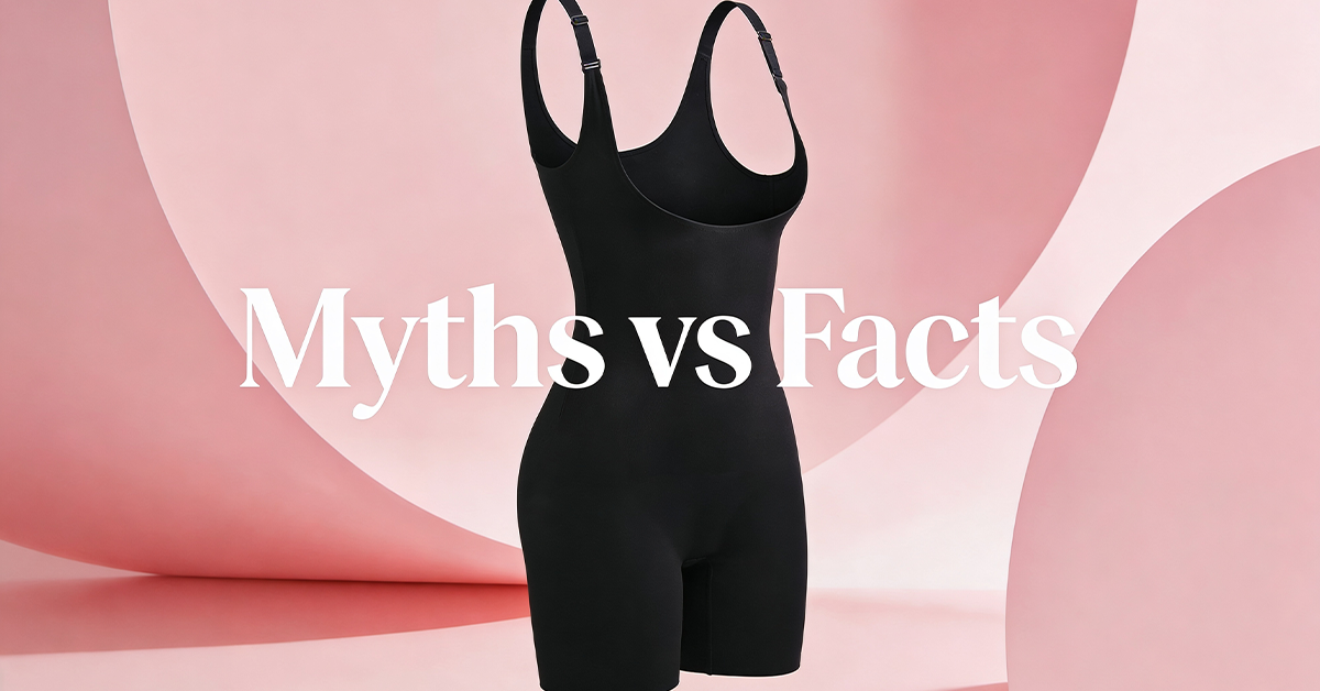 Black full-body shapewear bodysuit with the text 'Myths vs Facts,' introducing common misconceptions and facts about shapewear.