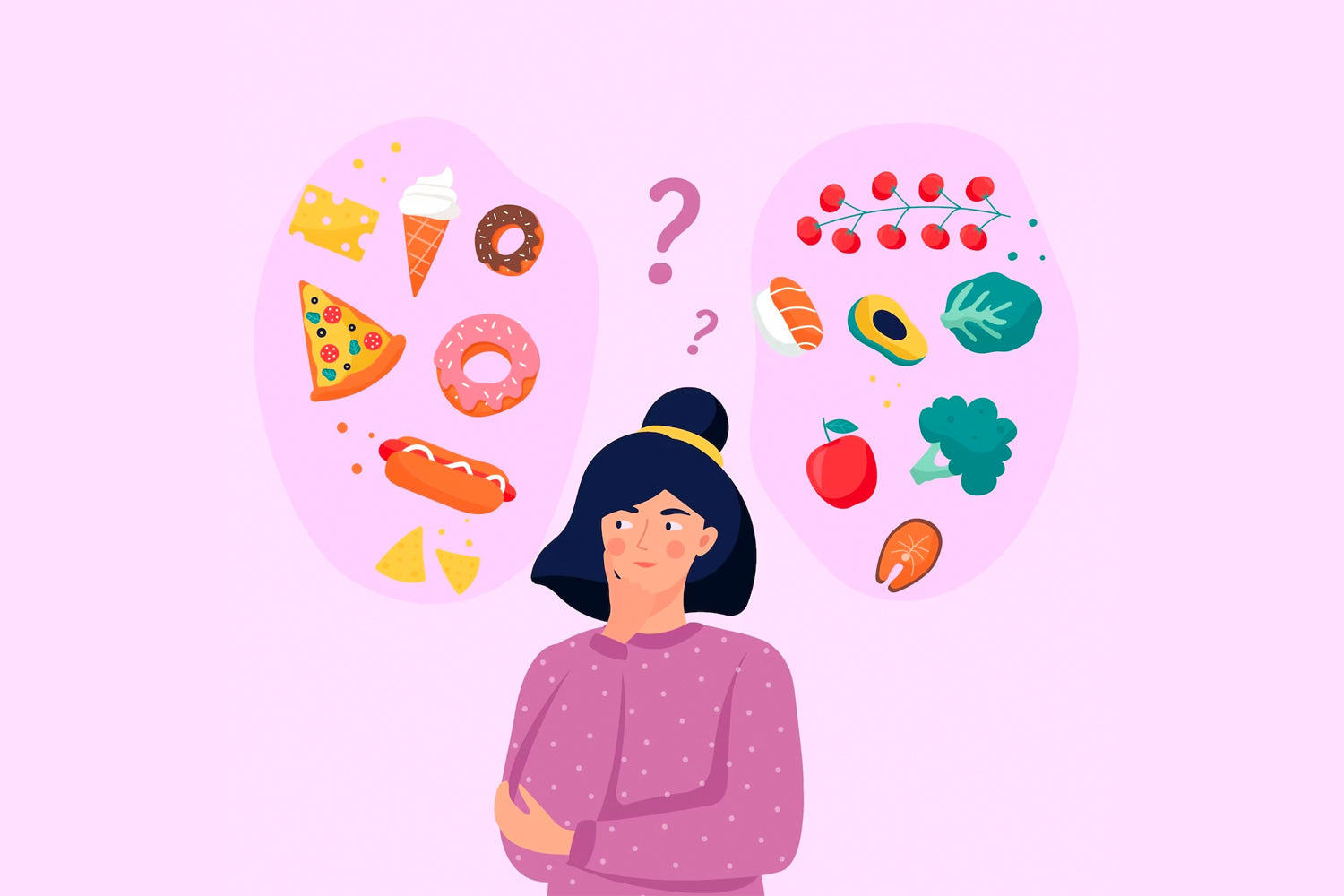 women with pink background choosing good and bad eating options