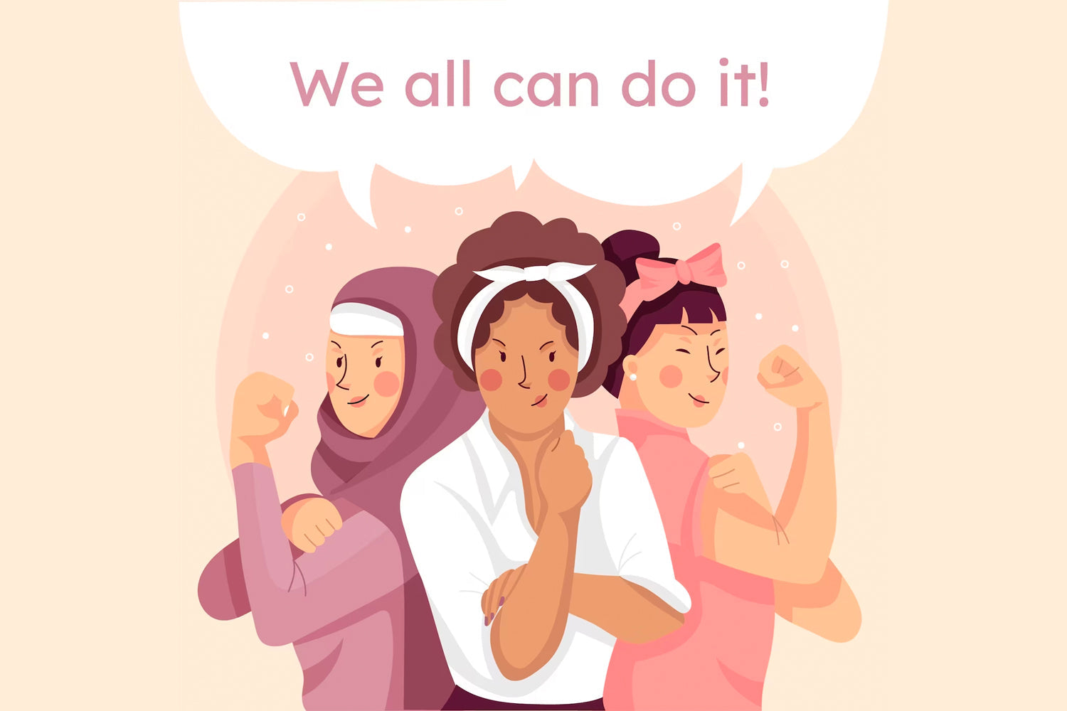 women with different religion showing feminism together with text saying "we can do it"