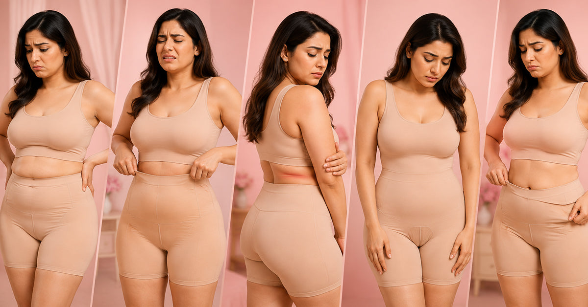 Series of images showing a woman wearing high-waist shapewear shorts causing suffocation, rolling and difficulty to wear for long. 