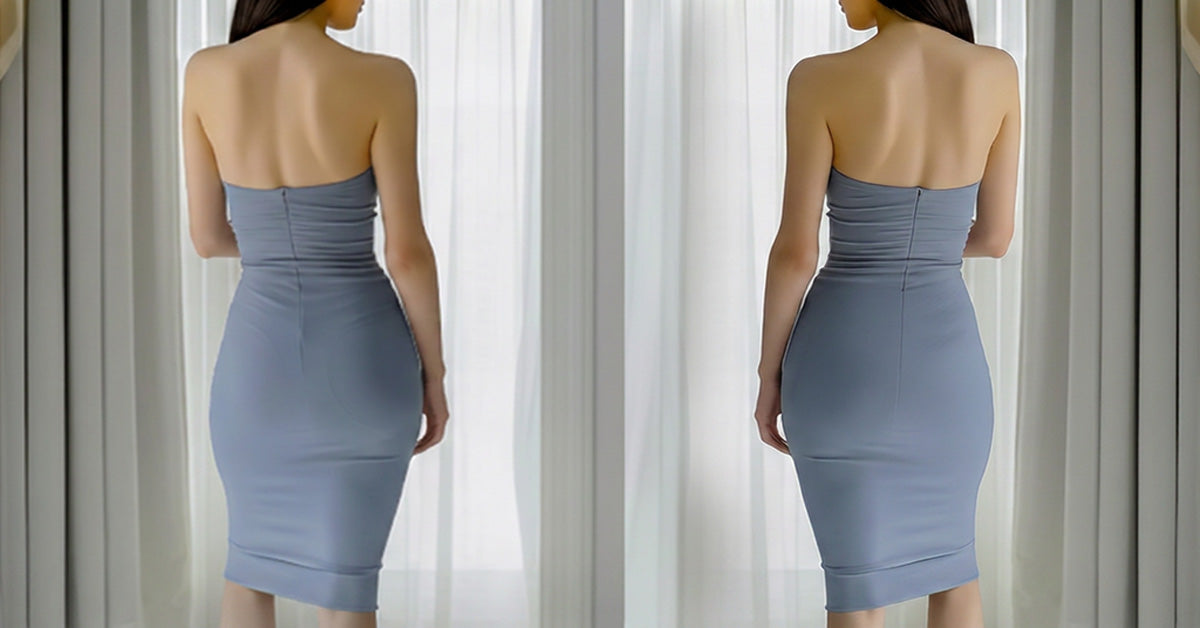 Side-by-side back view of a woman in a fitted strapless dress, demonstrating a smooth, seamless silhouette with invisible bra support under backless clothing.