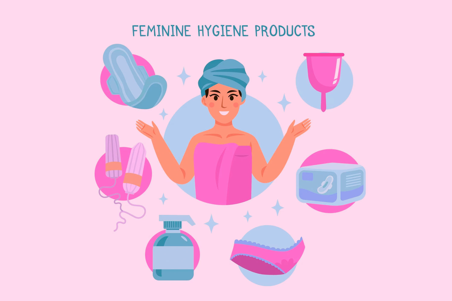 woman with towel wrapped over her head showing Feminine Hygiene Products.