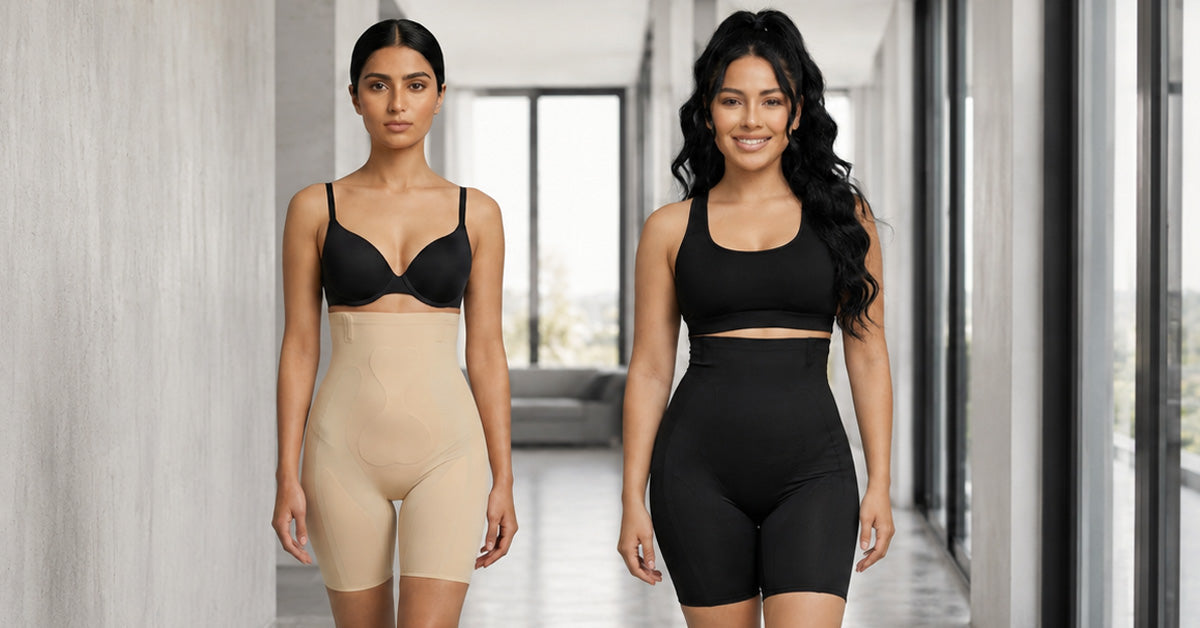 Two women wearing high-waist shapewear shorts in nude and black, showcasing seamless tummy control, waist smoothing, and all-day comfort.