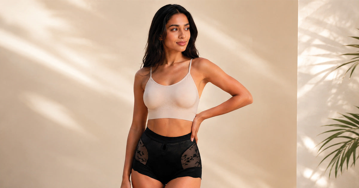 Woman wearing black seamless shaper briefs with a nude comfort bra, showcasing light tummy smoothing and all-day comfort.