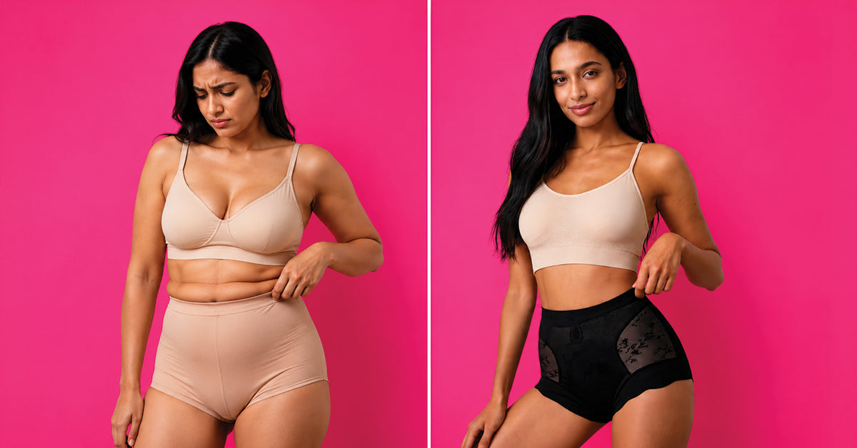 Side-by-side comparison of a woman before and after wearing seamless shaper briefs, showing a smoother waistline and enhanced silhouette under clothing.