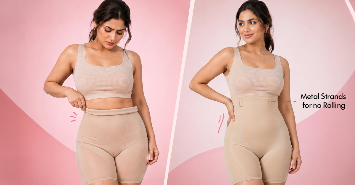 Comparison of high-waist shapewear before and after adjustment, showing a rolling waistband versus a seamless, no-roll fit with built-in anti-roll support.