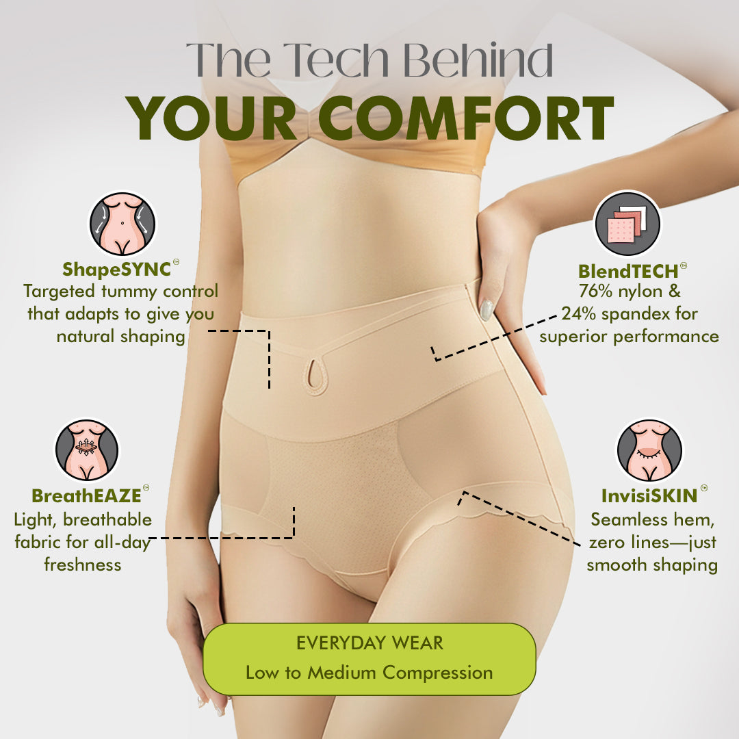 Beige shapewear with text highlighting features like ShapeSYNC, BlendTECH, BreathAZE, and InvisiSKIN on a light gray background.