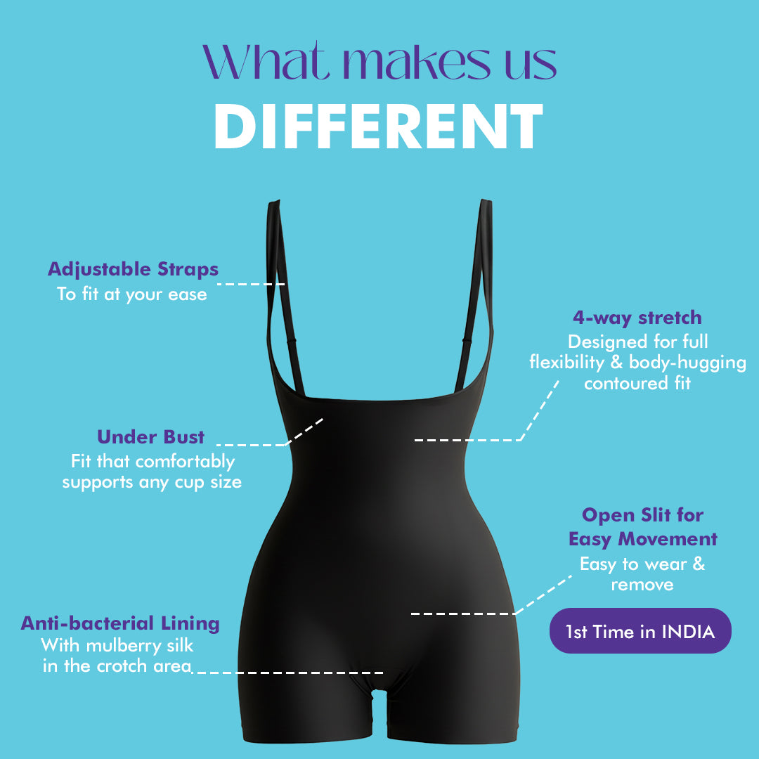 Black bodysuit with features highlighted on a blue background