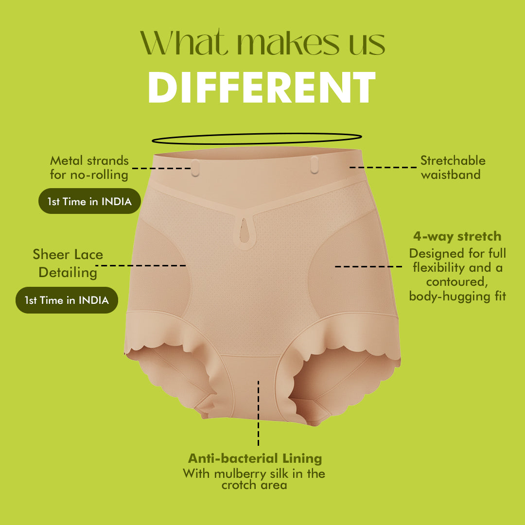 Beige women's underwear with features highlighted on a green background