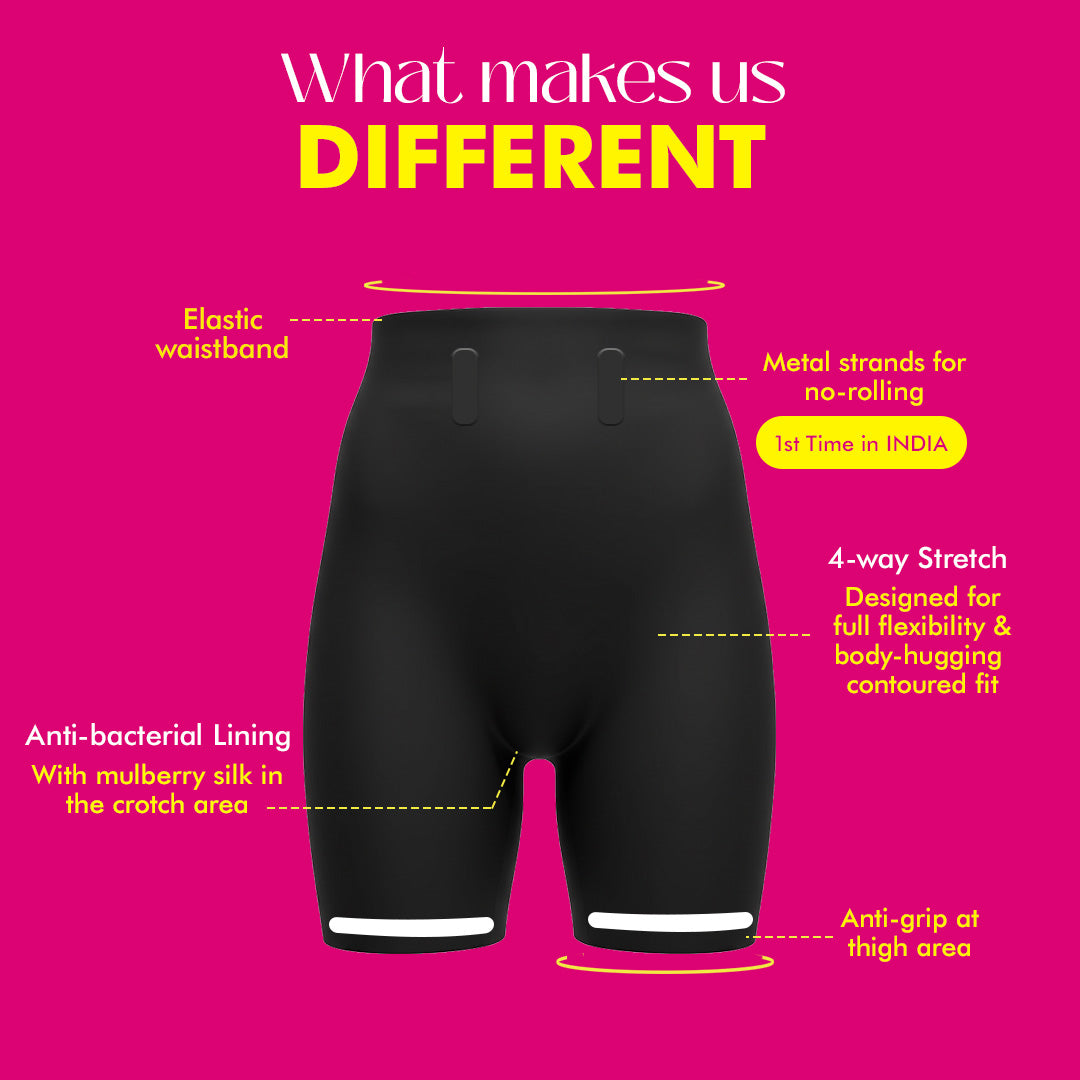 Black shorts with features highlighted on a pink background