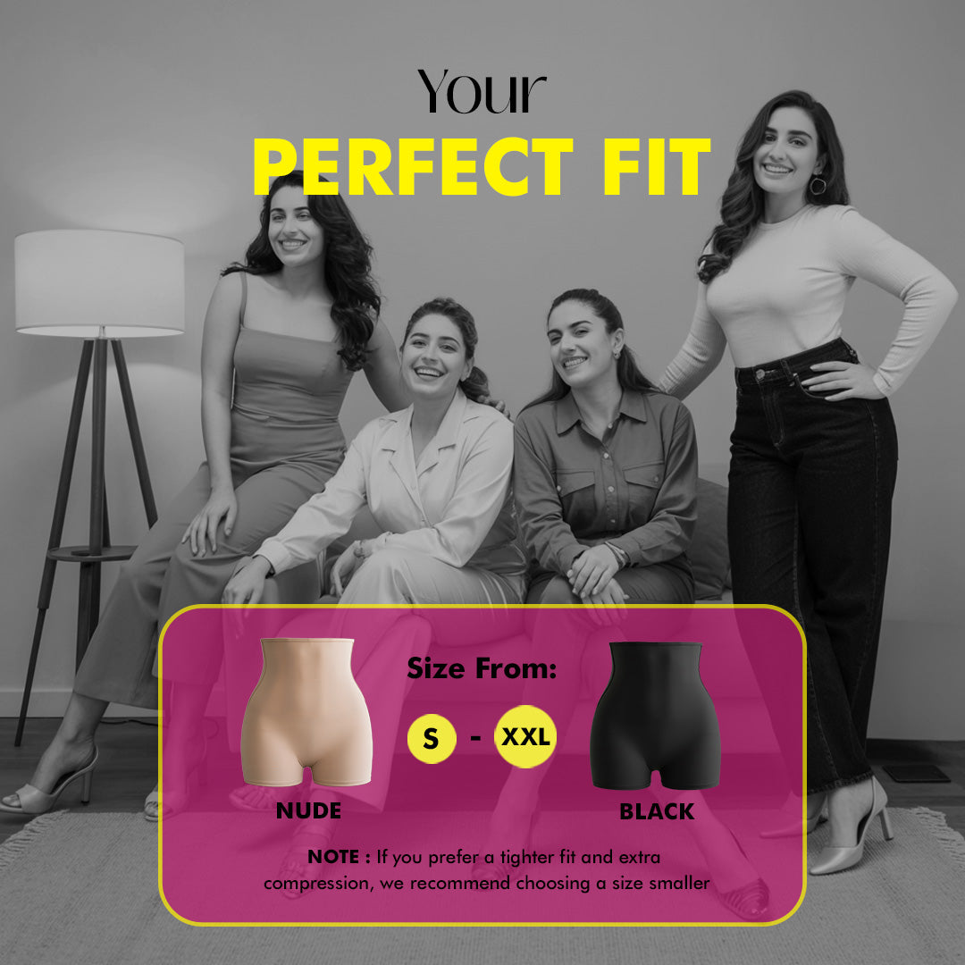 Advertisement for women's shapewear shorts with models and size information.