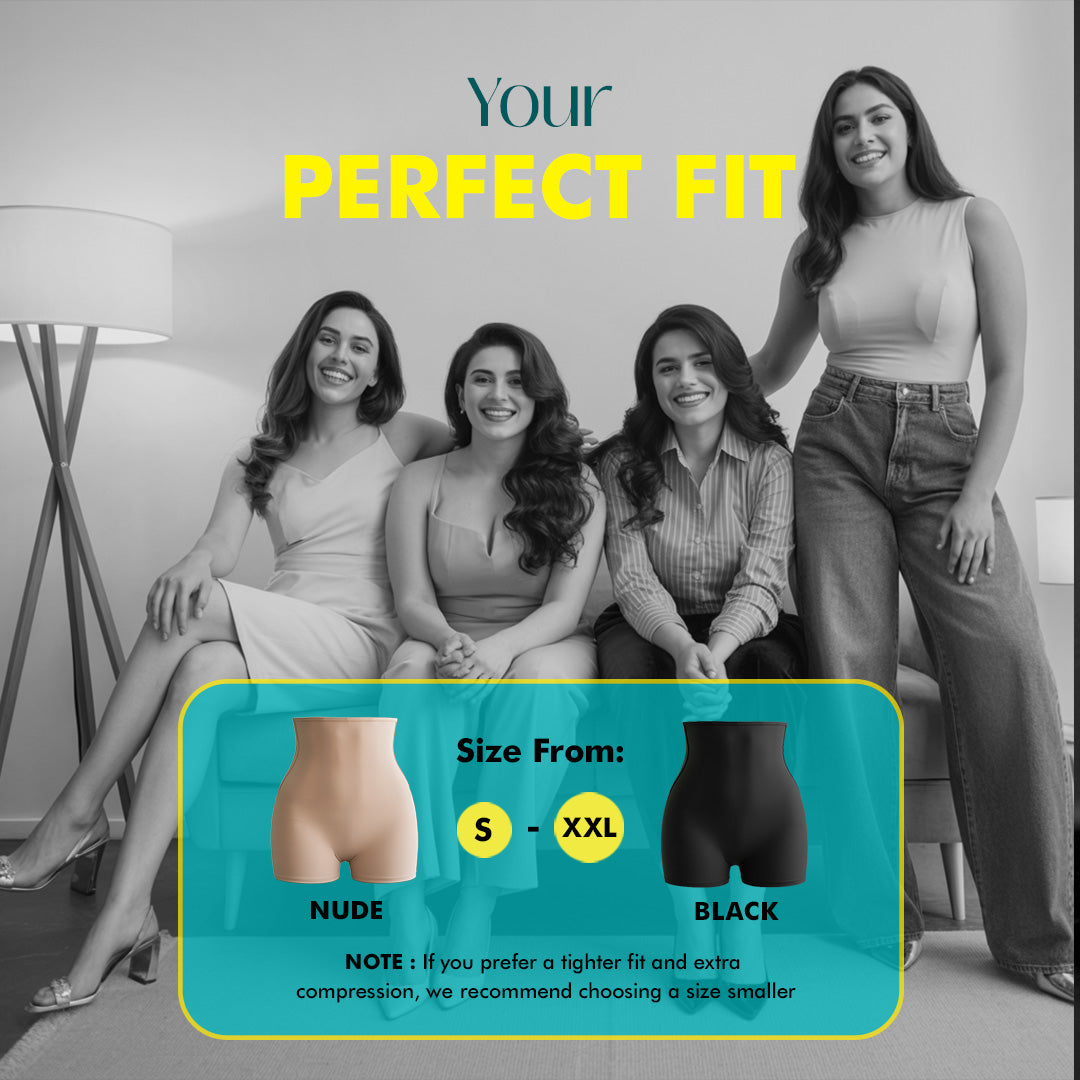 Advertisement for women's shapewear high waist shorts with four models and size information.