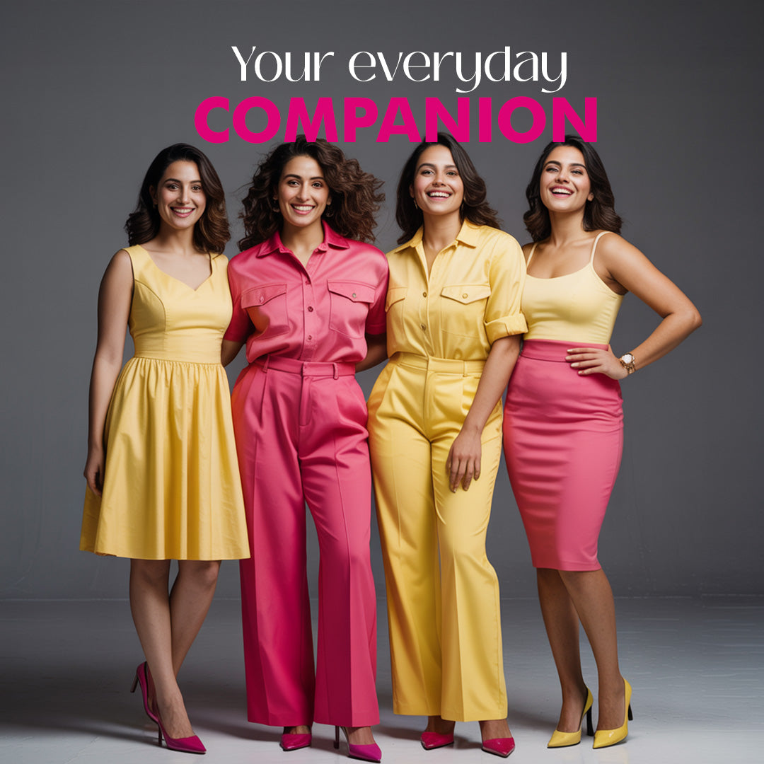 Four women in colorful outfits with text 'Your everyday Companion' on a gray background