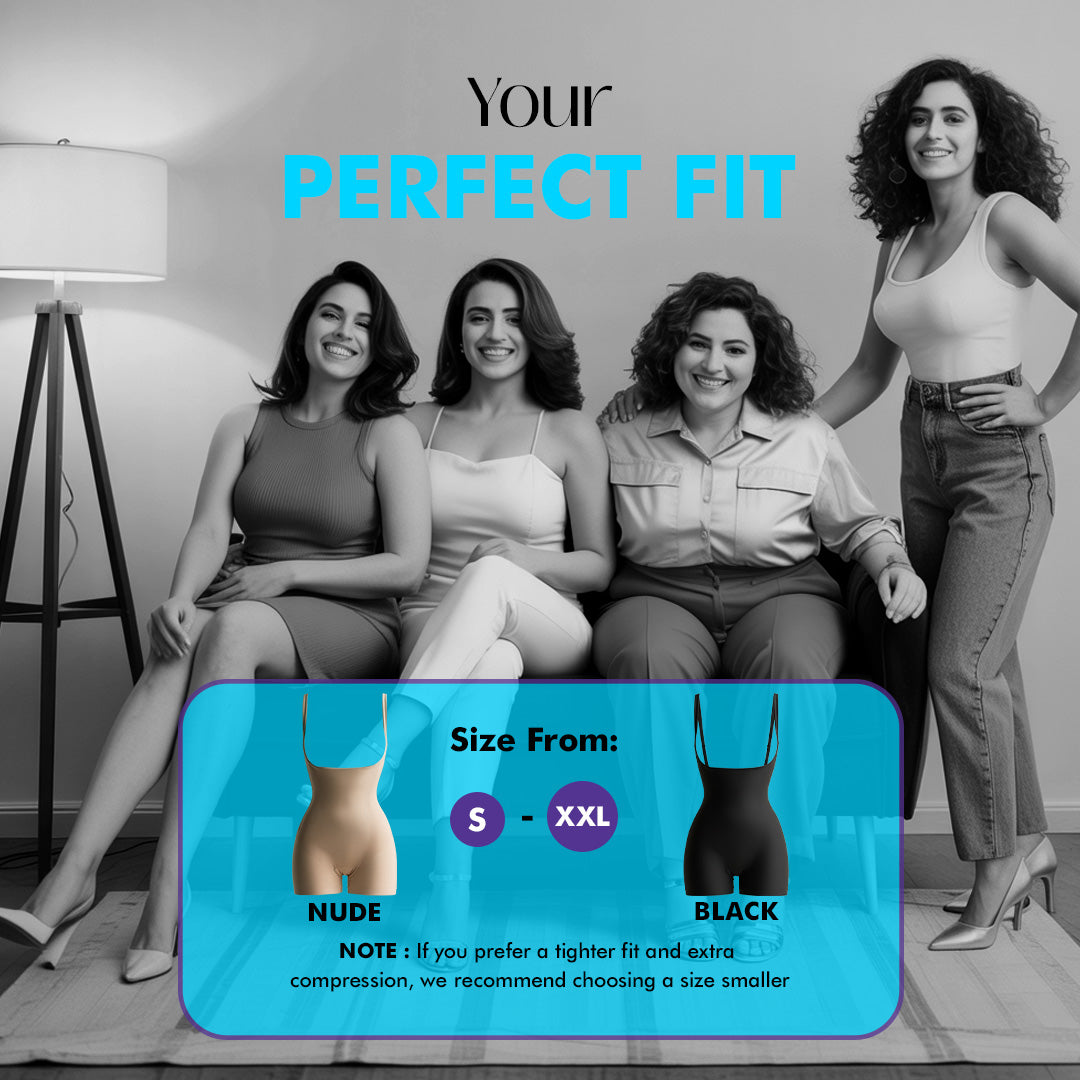 Advertisement for 'Your Perfect Fit' Shapewear product with four women and size information displayed.