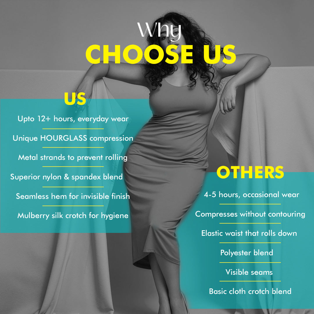 Woman in a gray dress leaning against a gray curtain with text comparing 'US' and 'OTHERS' products.