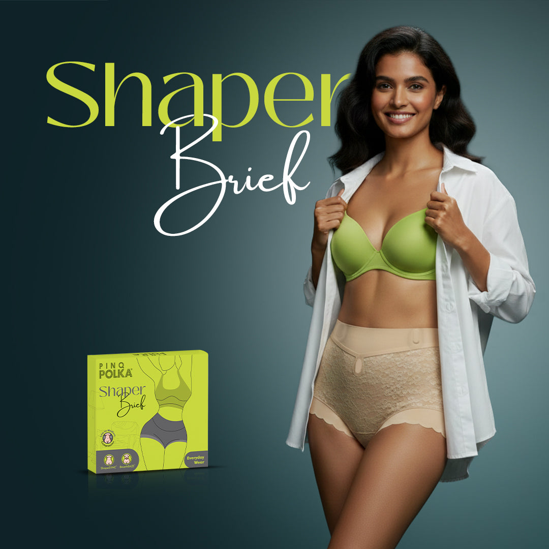 Woman wearing a green shaper brief with packaging and 'Shaper Brief' text on a dark background