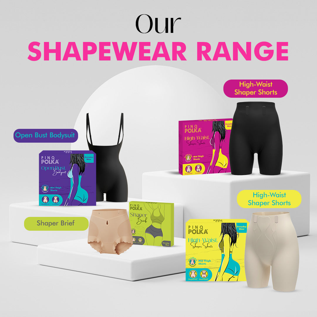 Shapewear products with packaging on a white background, featuring text 'Our Shapewear Range'.