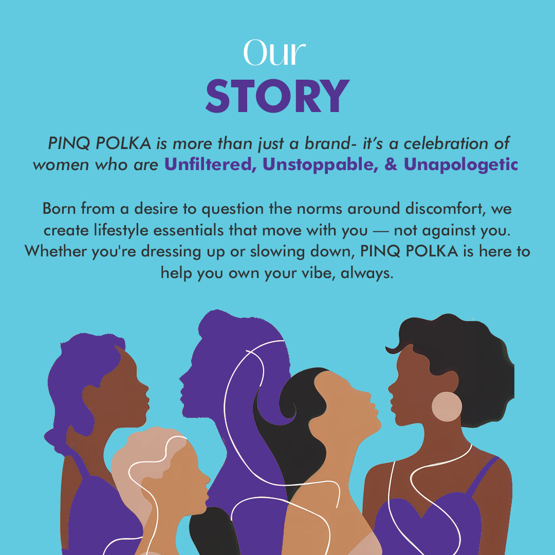 Story graphic for PINQ POLKA with silhouettes of women and brand description text on a blue background