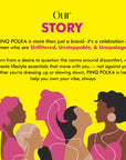 Advertisement for PINQ POLKA with silhouettes of women and brand description text on a yellow background
